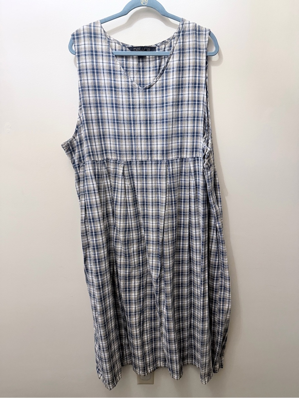 Vintage 90s Plaid Blue Tan Pleated V Neck Jumper Dress Granola Boho Trad Wife 3x